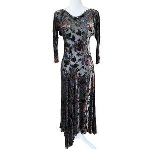 Hartnell Floral Burnout Velvet Mesh‎ Midi Dress Sheer Handkerchief Hem Vintage S